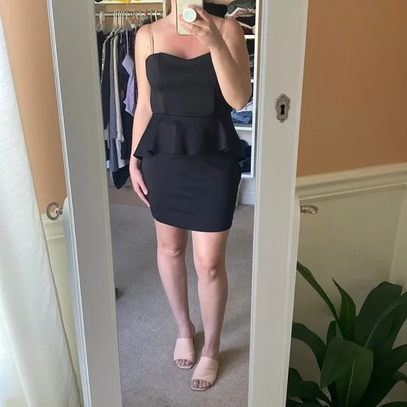 open lace back dress LEKIEU Kristine Black Strapless Peplum Gown